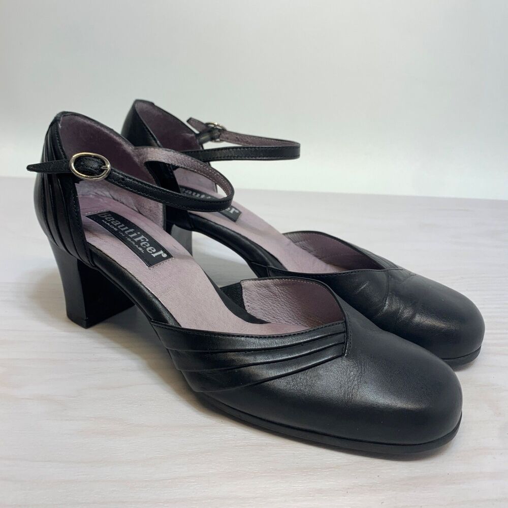 Beautifeel Liza Ankle Strap Leather Pumps Black Womens Heels Size 37 US 7 – 7.5